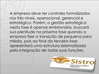 A empresa deve ter controles formalizados nos três níveis, operacional, gerencial e estratégico. Porém, a gestão estratégica nesta fase é apenas embrionária, buscará sua plenitude na próxima fase quando a empresa fizer a transição de pequena para média, pois ao final da terceira fase apresentará uma estrutura sistematizada pela integração de todas suas funções. 