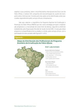 vegetais e seus produtos; obter o reconhecimento internacional de Zona Livre de
Febre Aftosa; e realizar 235 campanhas de conscientização do usuário do trans-
porte aéreo internacional. Grande parte das ações acima identificadas serão exe-
cutadas regionalmente pelos serviços oficiais e empresariais.

        Vale aqui salientar a importância do Programa Nacional de Erradicação e
Prevenção da Febre Aftosa (PNEFA) que tem como estratégia principal a implanta-
ção progressiva e a manutenção de zonas livres da doença, seguindo as diretrizes
estabelecidas pela Organização Mundial de Saúde Animal (OIE). A execução desse
programa é compartilhada entre os estados e a União, pelos serviços oficiais, com a
participação do setor privado (vide figuras 8.1 e 8.2).

Figura 8.1

     Mapa da Distribuição dos Proﬁssionais do Programa
     Brasileiro de Erradicação da Febre Aftosa

                                                  Brasil - 5.565 municípios

                                                  Serviços Veterinários Estaduais
                                                  - 4.637 escritórios de atendimento (83%)
                                                  - 1.736 unidades veterinárias locais
                                                  - 4.101 veterinários - 1,757 em UVLs
                                                  - 6.734 auxiliares técnicos
                                                  - 6.541 auxiliares administrativos


                                                  Nível Federal (Mapa)
                                                  - 1.506 veterinários
                                                  - 2,510 auxiliares técnicos
                                                  - 460 auxiliares administrativos


                                                  Total
                                                  5.607 veterinários
                                                  9.244 auxiliares técnicos
                                                  7.001 auxiliares administrativos




Plano Agrícola e Pecuário 2012 / 2013
 