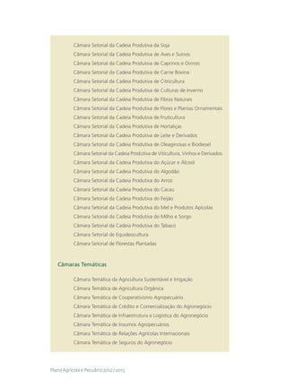 Câmara Setorial da Cadeia Produtiva da Soja
           Câmara Setorial da Cadeia Produtiva de Aves e Suínos
           Câmara Setorial da Cadeia Produtiva de Caprinos e Ovinos
           Câmara Setorial da Cadeia Produtiva de Carne Bovina
           Câmara Setorial da Cadeia Produtiva de Citricultura
           Câmara Setorial da Cadeia Produtiva de Culturas de Inverno
           Câmara Setorial da Cadeia Produtiva de Fibras Naturais
           Câmara Setorial da Cadeia Produtiva de Flores e Plantas Ornamentais
           Câmara Setorial da Cadeia Produtiva de Fruticultura
           Câmara Setorial da Cadeia Produtiva de Hortaliças
           Câmara Setorial da Cadeia Produtiva de Leite e Derivados
           Câmara Setorial da Cadeia Produtiva de Oleaginosas e Biodiesel
           Câmara Setorial da Cadeia Produtiva de Viticultura, Vinhos e Derivados
           Câmara Setorial da Cadeia Produtiva do Açúcar e Álcool
           Câmara Setorial da Cadeia Produtiva do Algodão
           Câmara Setorial da Cadeia Produtiva do Arroz
           Câmara Setorial da Cadeia Produtiva do Cacau
           Câmara Setorial da Cadeia Produtiva do Feijão
           Câmara Setorial da Cadeia Produtiva do Mel e Produtos Apícolas
           Câmara Setorial da Cadeia Produtiva do Milho e Sorgo
           Câmara Setorial da Cadeia Produtiva do Tabaco
           Câmara Setorial de Equideocultura
           Câmara Setorial de Florestas Plantadas



   Câmaras Temáticas

           Câmara Temática da Agricultura Sustentável e Irrigação
           Câmara Temática de Agricultura Orgânica
           Câmara Temática de Cooperativismo Agropecuário
           Câmara Temática de Crédito e Comercialização do Agronegócio
           Câmara Temática de Infraestrutura e Logística do Agronegócio
           Câmara Temática de Insumos Agropecuários
           Câmara Temática de Relações Agrícolas Internacionais
           Câmara Temática de Seguros do Agronegócio




Plano Agrícola e Pecuário 2012 / 2013
 
