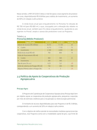 Nesse sentido, o PAP 2012/2013 eleva o nível de apoio a esse segmento de produto-
res rurais, disponibilizando R$ 4 bilhões para créditos de investimento, um aumento
de 90% em relação à safra anterior.

       A renda bruta anual para enquadramento no Pronamp foi elevada de
R$ 700 mil para R$ 800 mil, o que, conjugado com a elevação dos rebates na
renda bruta anual, também para fins desse enquadramento, igualando-os aos
vigentes no Pronaf, amplia o acesso dos produtores rurais ao Programa.

Tabela 3.4
Pronamp (Médio Produtor)
                Especificação              2011/2012   2012/2013     Variação (%)
 Volume de recursos (R$ milhões)             8.313       11.150           34
 •	   Custeio                                6.213       7.150            15
 •	   Investimento                           2.100       4.000            90
 Renda bruta anual (R$ mil)                   700         800             14
 Limite de financiamento (R$ mil)
 •	   Custeio                                 400         500             25
 •	   Investimento                            300         300
 Taxa de juros (% a.a.)                      6,25         5,0             -20
 Limite de cobertura do Proagro (R$ mil)      150         300             100
 Alíquota (Prêmio) sobre o Proagro (%)         4           3              -25



3.5  olítica de Apoio às Cooperativas de Produção
    P
    Agropecuária



Procap-Agro

       O Programa de Capitalização de Cooperativas Agropecuárias (Procap-Agro) tem
por objetivo apoiar as cooperativas de produção agropecuária, pesqueiras e aquícolas
por meio de estímulos creditícios para a recuperação ou reestruturação patrimonial.

       O montante de recursos disponibilizados para esse Programa é de R$ 3 bilhões,
correspondendo a um aumento de 50% em relação à safra anterior.

      Com o objetivo de melhor atender às necessidades imediatas operacionais das
cooperativas, esse Programa conta com a modalidade capital de giro, cujo limite de




Plano Agrícola e Pecuário 2012 / 2013
 