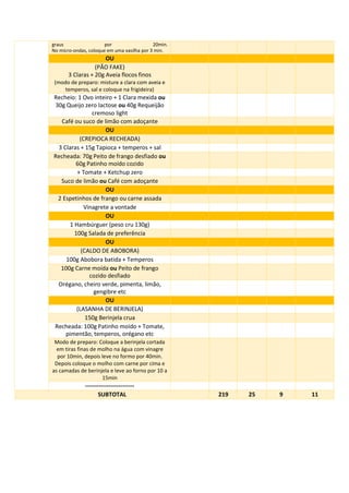 graus por 20min.
No micro-ondas, coloque em uma vasilha por 3 min.
OU
(PÃO FAKE)
3 Claras + 20g Aveia flocos finos
(modo de preparo: misture a clara com aveia e
temperos, sal e coloque na frigideira)
Recheio: 1 Ovo inteiro + 1 Clara mexida ou
30g Queijo zero lactose ou 40g Requeijão
cremoso light
Café ou suco de limão com adoçante
OU
(CREPIOCA RECHEADA)
3 Claras + 15g Tapioca + temperos + sal
Recheada: 70g Peito de frango desfiado ou
60g Patinho moído cozido
+ Tomate + Ketchup zero
Suco de limão ou Café com adoçante
OU
2 Espetinhos de frango ou carne assada
Vinagrete a vontade
OU
1 Hambúrguer (peso cru 130g)
100g Salada de preferência
OU
(CALDO DE ABOBORA)
100g Abobora batida + Temperos
100g Carne moída ou Peito de frango
cozido desfiado
Orégano, cheiro verde, pimenta, limão,
gengibre etc
OU
(LASANHA DE BERINJELA)
150g Berinjela crua
Recheada: 100g Patinho moído + Tomate,
pimentão, temperos, orégano etc
Modo de preparo: Coloque a berinjela cortada
em tiras finas de molho na água com vinagre
por 10min, depois leve no formo por 40min.
Depois coloque o molho com carne por cima e
as camadas de berinjela e leve ao forno por 10 a
15min
-------------------------
SUBTOTAL 219 25 9 11
 