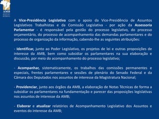 A Vice-Presidência Legislativa com o apoio da Vice-Presidência de Assuntos
Legislativos Trabalhistas e da Comissão Legislativa - por ação da Assessoria
Parlamentar - é responsável pela gestão do processo legislativo, do processo
orçamentário, do processo de acompanhamento das demandas parlamentares e do
processo de organização da informação, cabendo-lhe as seguintes atribuições:
- Identificar, junto ao Poder Legislativo, os projetos de lei e outras proposições de
interesse da AMB, bem como subsidiar os parlamentares na sua elaboração e
discussão, por meio do acompanhamento do processo legislativo;
- Acompanhar, sistematicamente, os trabalhos das comissões permanentes e
especiais, frentes parlamentares e sessões de plenário do Senado Federal e da
Câmara dos Deputados nos assuntos de interesse da Magistratura Nacional;
- Providenciar, junto aos órgãos da AMB, a elaboração de Notas Técnicas de forma a
subsidiar os parlamentares na fundamentação e parecer das proposições legislativas
nos assuntos de interesse da AMB;
- Elaborar e atualizar relatórios de Acompanhamento Legislativo dos Assuntos e
eventos do interesse da AMB;
 