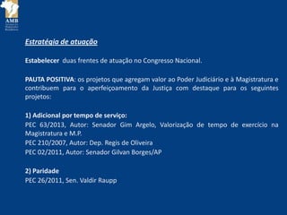 Estratégia de atuação
Estabelecer duas frentes de atuação no Congresso Nacional.
PAUTA POSITIVA: os projetos que agregam valor ao Poder Judiciário e à Magistratura e
contribuem para o aperfeiçoamento da Justiça com destaque para os seguintes
projetos:
1) Adicional por tempo de serviço:
PEC 63/2013, Autor: Senador Gim Argelo, Valorização de tempo de exercício na
Magistratura e M.P.
PEC 210/2007, Autor: Dep. Regis de Oliveira
PEC 02/2011, Autor: Senador Gilvan Borges/AP
2) Paridade
PEC 26/2011, Sen. Valdir Raupp
 