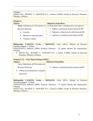 4
Semana 4:
Tópicos Objectivos Específicos
Tema: Subsistema de Provimento de
Recursos Humanos
 Conceito
 Objectivos organizacionais
 Funções e tarefas
Ao final deste tema o estudante deve ser capaz de:
 Definir o subsistema de provimento de RH
 Destacar os objectivos do subsistema de RH
 Analisar as e tarefas de provimento de RH
Bibliografia: CAIXOTE, Carlos e MONJANE, Celso (2013), Manual de Recursos
Humanos,Maputo. 1ª Edição.
CHIAVENATO, Idalberto (2009), Recursos Humanos – O capital humano das organizações.
9ªEdição
 SOUSA M.J., DUARTE T., SANCHES P.G. e Gomes J.(2006), Gestão de Recursos
Humanos: Métodos e Práticas.
9ªEdição
SOUSA M.J., DUARTE T., SANCHES P.G. e Gomes J.(2006), Gestão de Recursos Humanos:
Métodos e Práticas.
Semana 5: 11 – 15 de Março (Semana ISFIC)
Tópicos Objectivos Específicos
Tema: Subsistema de Provimento de
Recursos Humanos
 Análise de recrutamento e selecção
de pessoal
 Analisar o subsistema de provimento de RH
Bibliografia: CAIXOTE, Carlos e MONJANE, Celso (2013), Manual de Recursos
Humanos,Maputo. 1ª Edição.
CHIAVENATO, Idalberto (2009), Recursos Humanos – O capital humano das organizações.
9ªEdição
SOUSA M.J., DUARTE T., SANCHES P.G. e Gomes J.(2006), Gestão de Recursos Humanos:
Métodos e Práticas.
 