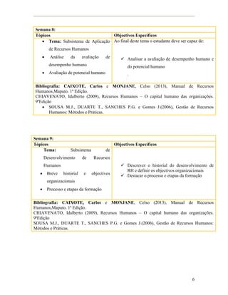 6
Semana 8:
Tópicos Objectivos Específicos
 Tema: Subsistema de Aplicação
de Recursos Humanos
 Análise da avaliação de
desempenho humano
 Avaliação de potencial humano
Ao final deste tema o estudante deve ser capaz de:
 Analisar a avaliação de desempenho humano e
do potencial humano
.
Bibliografia: CAIXOTE, Carlos e MONJANE, Celso (2013), Manual de Recursos
Humanos,Maputo. 1ª Edição.
CHIAVENATO, Idalberto (2009), Recursos Humanos – O capital humano das organizações.
9ªEdição
 SOUSA M.J., DUARTE T., SANCHES P.G. e Gomes J.(2006), Gestão de Recursos
Humanos: Métodos e Práticas.
Semana 9:
Tópicos Objectivos Específicos
Tema: Subsistema de
Desenvolvimento de Recursos
Humanos
 Breve historial e objectivos
organizacionais
 Processo e etapas da formação
 Descrever o historial do desenvolvimento de
RH e definir os objectivos organizacionais
 Destacar o processo e etapas da formação
Bibliografia: CAIXOTE, Carlos e MONJANE, Celso (2013), Manual de Recursos
Humanos,Maputo. 1ª Edição.
CHIAVENATO, Idalberto (2009), Recursos Humanos – O capital humano das organizações.
9ªEdição
SOUSA M.J., DUARTE T., SANCHES P.G. e Gomes J.(2006), Gestão de Recursos Humanos:
Métodos e Práticas.
 