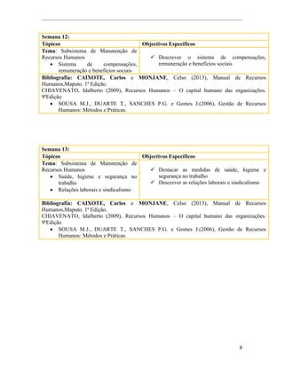 8
Semana 12:
Tópicos Objectivos Específicos
Tema: Subsistema de Manutenção de
Recursos Humanos
 Sistema de compensações,
remuneração e benefícios sociais
 Descrever o sistema de compensações,
remuneração e benefícios sociais
Bibliografia: CAIXOTE, Carlos e MONJANE, Celso (2013), Manual de Recursos
Humanos,Maputo. 1ª Edição.
CHIAVENATO, Idalberto (2009), Recursos Humanos – O capital humano das organizações.
9ªEdição
 SOUSA M.J., DUARTE T., SANCHES P.G. e Gomes J.(2006), Gestão de Recursos
Humanos: Métodos e Práticas.
Semana 13:
Tópicos Objectivos Específicos
Tema: Subsistema de Manutenção de
Recursos Humanos
 Saúde, higiene e segurança no
trabalho
 Relações laborais e sindicalismo
 Destacar as medidas de saúde, higiene e
segurança no trabalho
 Descrever as relações laborais e sindicalismo
Bibliografia: CAIXOTE, Carlos e MONJANE, Celso (2013), Manual de Recursos
Humanos,Maputo. 1ª Edição.
CHIAVENATO, Idalberto (2009), Recursos Humanos – O capital humano das organizações.
9ªEdição
 SOUSA M.J., DUARTE T., SANCHES P.G. e Gomes J.(2006), Gestão de Recursos
Humanos: Métodos e Práticas.
 