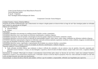 Centro Escolar Professora Ivone Maria Bezerra Pessoa Gê
Escola Municipal Janduís
4º ano B – Vespertino
Prof.ª Rosângela Sâmara Rodrigues dos Santos
Componente Curricular: Ensino Religioso
Unidade Temática: Valores; Histórias Bíblicas.
Perguntas de partida: Problematização: Que conhecimentos em relação à religião podem ser desenvolvidos ao longo do ano? Que estratégias podem ser utilizadas
para conduzir ao aprendizado de Religião?
Objetos de Conhecimento:
 Histórias bíblicas;
 Valores.
Habilidades:
(EF04ER01) Identificar ritos presentes no cotidiano pessoal, familiar, escolar e comunitário.
(EF04ER02) Identificar ritos e suas funções em diferentes manifestações e tradições religiosas.
(EF04ER03) Caracterizar ritos de iniciação e de passagem em diversos grupos religiosos (nascimento, casamento e morte).
(EF04ER04) Identificar as diversas formas de expressão da espiritualidade (orações, cultos, gestos, cantos, dança, meditação) nas diferentes tradições religiosas.
(EF04ER05) Identificar representações religiosas em diferentes expressões artísticas (pinturas, arquitetura, esculturas, ícones, símbolos, imagens), reconhecendo-as
como parte da identidade de diferentes culturas e tradições religiosas.
(EF04ER06) Identificar nomes, significados e representações de divindades nos contextos familiar e comunitário.
(EF04ER07) Reconhecer e respeitar as ideias de divindades de diferentes manifestações e tradições religiosas.
Sugestões didáticas e recursos pedagógicos:
 Serão utilizadas atividades lúdicas, que conduzam os alunos à reflexão dos conteúdos e de seu contexto, troca de opiniões, discussão, exposição oral,
utilizando recursos humanos e visuais, em aula dialogada e expositiva, desenvolvendo atividades manuais, sempre tendo como norte, a sequência didática
do livro.
Instrumentos de avaliação: Observação de atitudes e procedimentos desenvolvidos pelos alunos no decorrer do ano letivo, sendo uma avaliação formativa,
diagnóstica e somativa, com características construtivistas, verificando o alcance ou não dos objetivos propostos. Para isso, serão realizadas atividades em sala, bem
como atividade bimestral, não sendo esta classificatória.
Autoavaliação: os alunos deverão ao final de cada unidade, verificar o que foi estudado e compreendido, refletindo suas fragilidades para superá-las.
 