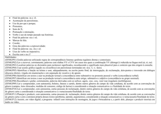  Final de palavras -iu e -il;
 Acentuação de paroxítonas;
 Uso de por que e porque;
 Pronomes;
 Sons do X;
 Pontuação e entonação;
 Verbo e uso do tempo passado nas histórias;
 Final de palavras -ou e -ol;
 Marcas da fala;
 Coesão;
 Grau das palavras e expressividade;
 Final de palavras -eu, -éu e -el;
 Usos do verbo no imperativo;
 Escrita com s ou z?
Habilidades:
(EF04LP01) Grafar palavras utilizando regras de correspondência fonema--grafema regulares diretas e contextuais.
(EF04LP02) Ler e escrever, corretamente, palavras com sílabas VV e CVV em casos nos quais a combinação VV (ditongo) é reduzida na língua oral (ai, ei, ou).
(EF04LP03) Localizar palavras no dicionário para esclarecer significados, reconhecendo o significado mais plausível para o contexto que deu origem à consulta.
(EF04LP04) Usar acento gráfico (agudo ou circunflexo) em paroxítonas terminadas em -i(s), -l, -r, -ão(s).
(EF04LP05) Identificar a função na leitura e usar, adequadamente, na escrita ponto final, de interrogação, de exclamação, dois-pontos e travessão em diálogos
(discurso direto), vírgula em enumerações e em separação de vocativo e de aposto.
(EF04LP06) Identificar em textos e usar na produção textual a concordância entre substantivo ou pronome pessoal e verbo (concordância verbal).
(EF04LP07) Identificar em textos e usar na produção textual a concordância entre artigo, substantivo e adjetivo (concordância no grupo nominal).
(EF04LP08) Reconhecer e grafar, corretamente, palavras derivadas com os sufixos -agem, -oso, -eza, -izar/-isar (regulares morfológicas).
(EF04LP09) Ler e compreender, com autonomia, boletos, faturas e carnês, dentre outros gêneros do campo da vida cotidiana, de acordo com as convenções do
gênero (campos, itens elencados, medidas de consumo, código de barras) e considerando a situação comunicativa e a finalidade do texto.
(EF04LP10) Ler e compreender, com autonomia, cartas pessoais de reclamação, dentre outros gêneros do campo da vida cotidiana, de acordo com as convenções
do gênero carta e considerando a situação comunicativa e o tema/assunto/finalidade do texto.
(EF04LP11) Planejar e produzir, com autonomia, cartas pessoais de reclamação, dentre outros gêneros do campo da vida cotidiana, de acordo com as convenções
do gênero carta e com a estrutura própria desses textos (problema, opinião, argumentos), considerando a situação comunicativa e o tema/assunto/finalidade do texto.
(EF04LP12) Assistir, em vídeo digital, a programa infantil com instruções de montagem, de jogos e brincadeiras e, a partir dele, planejar e produzir tutoriais em
áudio ou vídeo.
 