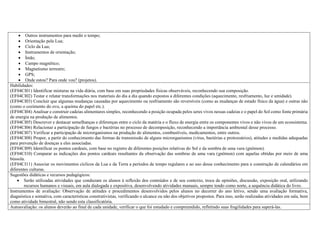  Outros instrumentos para medir o tempo;
 Orientação pela Lua;
 Ciclo da Lua;
 Instrumentos de orientação;
 Ímãs;
 Campo magnético;
 Magnetismo terrestre;
 GPS;
 Onde estou? Para onde vou? (projetos).
Habilidades:
(EF04CI01) Identificar misturas na vida diária, com base em suas propriedades físicas observáveis, reconhecendo sua composição.
(EF04CI02) Testar e relatar transformações nos materiais do dia a dia quando expostos a diferentes condições (aquecimento, resfriamento, luz e umidade).
(EF04CI03) Concluir que algumas mudanças causadas por aquecimento ou resfriamento são reversíveis (como as mudanças de estado físico da água) e outras não
(como o cozimento do ovo, a queima do papel etc.).
(EF04CI04) Analisar e construir cadeias alimentares simples, reconhecendo a posição ocupada pelos seres vivos nessas cadeias e o papel do Sol como fonte primária
de energia na produção de alimentos.
(EF04CI05) Descrever e destacar semelhanças e diferenças entre o ciclo da matéria e o fluxo de energia entre os componentes vivos e não vivos de um ecossistema.
(EF04CI06) Relacionar a participação de fungos e bactérias no processo de decomposição, reconhecendo a importância ambiental desse processo.
(EF04CI07) Verificar a participação de microrganismos na produção de alimentos, combustíveis, medicamentos, entre outros.
(EF04CI08) Propor, a partir do conhecimento das formas de transmissão de alguns microrganismos (vírus, bactérias e protozoários), atitudes e medidas adequadas
para prevenção de doenças a eles associadas.
(EF04CI09) Identificar os pontos cardeais, com base no registro de diferentes posições relativas do Sol e da sombra de uma vara (gnômon).
(EF04CI10) Comparar as indicações dos pontos cardeais resultantes da observação das sombras de uma vara (gnômon) com aquelas obtidas por meio de uma
bússola.
(EF04CI11) Associar os movimentos cíclicos da Lua e da Terra a períodos de tempo regulares e ao uso desse conhecimento para a construção de calendários em
diferentes culturas.
Sugestões didáticas e recursos pedagógicos:
 Serão utilizadas atividades que conduzam os alunos à reflexão dos conteúdos e de seu contexto, troca de opiniões, discussão, exposição oral, utilizando
recursos humanos e visuais, em aula dialogada e expositiva, desenvolvendo atividades manuais, sempre tendo como norte, a sequência didática do livro.
Instrumentos de avaliação: Observação de atitudes e procedimentos desenvolvidos pelos alunos no decorrer do ano letivo, sendo uma avaliação formativa,
diagnóstica e somativa, com características construtivistas, verificando o alcance ou não dos objetivos propostos. Para isso, serão realizadas atividades em sala, bem
como atividade bimestral, não sendo esta classificatória.
Autoavaliação: os alunos deverão ao final de cada unidade, verificar o que foi estudado e compreendido, refletindo suas fragilidades para superá-las.
 