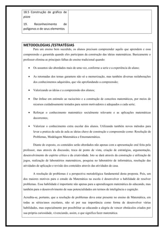 18.5 Construção de gráfico de
pizza
19. Reconhecimento de
polígonos e de seus elementos
METODOLOGIAS /ESTRATÉGIAS
Para um ensino bem sucedido, os alunos precisam compreender aquilo que aprendem e essa
compreensão e garantida quando eles participam da construção das ideias matemáticas. Basicamente o
professor elimina as principais falhas do ensino tradicional quando:
• Os assuntos são abordados mais de uma vez, conforme a serie e a experiência do aluno;
• As retomadas dos temas garantem não só a memorização, mas também diversas reelaborações
dos conhecimentos adquiridos, que vão aprofundando a compreensão;
• Valorizando as ideias e a compreensão dos alunos;
• Dar ênfase em estimulo ao raciocínio e a construção de conceitos matemáticos, por meios de
recursos cuidadosamente testados para serem motivadores e adequados a cada serie;
• Reforçar o conhecimento matemático socialmente relevante e as aplicações matemáticas
decorrentes;
• Valorizar o conhecimento extra escolar dos alunos. Utilizando também novos métodos para
levar a pratica da sala de aula as ideias chave de construção e compreensão como: Resolução de
Problemas, Modelagem Matemática e Etnomatemática.
Diante do exposto, os conteúdos serão abordados não apenas com a apresentação oral feita pela
professor, mas através da discussão, troca de ponto de vista, criação de estratégias, argumentação,
desenvolvimento do espírito crítico e da criatividade. Isto se dará através da construção e utilização de
jogos, realização de laboratórios matemáticos, pesquisa no laboratório de informática, resolução das
atividades de aplicação e revisão dos conteúdos através das atividades de casa.
A resolução de problemas é a perspectiva metodológica fundamental desta proposta. Pois, um
dos maiores motivos para o estudo da Matemática na escola é desenvolver a habilidade de resolver
problemas. Essa habilidade é importante não apenas para a aprendizagem matemática do educando, mas
também para o desenvolvimento de suas potencialidades em termos de inteligência e cognição.
Acredita-se, portanto, que a resolução de problemas deva estar presente no ensino de Matemática, em
todas as séries/anos escolares, não só por sua importância como forma de desenvolver várias
habilidades, mas especialmente por possibilitar ao educando a alegria de vencer obstáculos criados por
sua própria curiosidade, vivenciando, assim, o que significa fazer matemática.
 