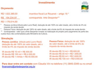 Investimento
Orçamento
R$ 1.022,380,00

incentivo fiscal Lei Rouanet – artigo 18 *

R$ 154.234,97

contrapartida Arte Despertar**

R$ 1.176.614,90
⃰

Pessoa Jurídica (tributo pelo Lucro Real): dedução de até 100% do valor doado, até o limite de 4% do
imposto de renda devido
⃰
Pessoa Física: dedução de até 100% do valor doado, até o limite de 6% do imposto de renda devido
** Contrapartida - valor que a Arte Despertar investe na realização do projeto para pagamento de parte dos
custos fixos não contemplados pelo Ministério da Cultura.

Simulação
Pessoa Jurídica (tributo pelo Lucro Real):
dedução de até 100% do valor doado, até o
limite de 4% do imposto de renda devido

Pessoa Física: dedução de até 100%
do valor doado, até o limite de 6% do
imposto de renda devido

IR devido R$ 10 mil = R$ 400,00
IR devido R$ 100 mil = R$ 4.000,00
IR devido R$ 1 milhão = R$ 40.000,00

IR devido R$ 10 mil = R$ 600,00
IR devido R$ 30 mil = R$ 1.800,00
IR devido R$ 60 mil = R$ 3.600,00
IR devido R$ 100 mil = R$ 6.000,00

Para doar entre em contato com Claudia Viri no telefone (11) 3845-3349 ou no email
financeiro@artedespertar.org.br

 