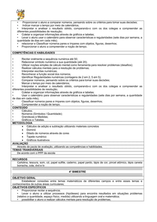 • Proporcionar o aluno a comparar números, pensando sobre os critérios para tomar suas decisões;
• Indicar marcar o tempo por meio de calendários;
• Interpretar e analisar o resultado obtido, comparando-o com os dos colegas e compreender as
diferentes possibilidades de resolução;
• Coletar e organizar informações através de gráficos e tabelas;
• Levar o aluno usar o calendário para observar características e regularidades (sete dias por semana, a
quantidade de dias em cada mês);
• relacionar e Classificar números pares e ímpares com objetos, figuras, desenhos;
• Proporcionar o aluno a compreender a noção de tempo.
COMPETÊNCIAS E HABILIDADES
• Recitar oralmente a sequência numérica até 50;
• Relacionar símbolo numérico a sua quantidade (até 20);
• Utilizar noções simples de cálculo mental como ferramenta para resolver problemas (desafios);
• Realizar cálculos mentais para a resolução de problemas;
• Interpretar escritas numéricas;
• Reconhecer a função social dos números;
• Identificar Regularidades numéricas (contagens de 2 em 2, 5 em 5);
• Comparar números, pensando sobre os critérios para tomar suas decisões;
• Marcar o tempo por meio de calendários;
• Interpretar e analisar o resultado obtido, comparando-o com os dos colegas e compreender as
diferentes possibilidades de resolução;
• Coletar e organizar informações através de gráficos e tabelas;
• Usar o calendário para observar características e regularidades (sete dias por semana, a quantidade
de dias em cada mês);
• Classificar números pares e ímpares com objetos, figuras, desenhos;
• Compreender a noção de tempo.
CONTEÚDO
• Cálculos;
• Números (Símbolos / Quantidade);
• Grandezas e Medidas;
• Gráficos e Tabelas.
METODOLOGIA
• Cálculos de adição e subtração utilizando materiais concretos
• Dominó
• Ditado de números através de cores
• Tapete numérico
• Gráficos ilustrativos
AVALIAÇÃO
Através de pauta de avaliação, utilizando as competências e habilidades.
TEMAS TRANSVERSAIS
De acordo com o PPP da escola
RECURSOS
Cartolina, tesoura, som, cd, papel sulfite, caderno, papel pardo, lápis de cor, pincel atômico, lápis caneta
borracha, cola, dvd e tv
4° BIMESTRE
OBJETIVO GERAL
Estabelecer conexões entre temas matemáticos de diferentes campos e entre esses temas e
conhecimentos de outras áreas curriculares;
OBJETIVOS ESPECÍFICOS
• Proporcionar recitar a sequência;
• Levar o aluno a utilizar processos (hipóteses) para encontra resultados em situações problemas
(relativo a quantidade, espaço físico, medida) utilizando a linguagem oral e matemática;
• possibilitar o aluno a realizar cálculos mentais para resolução de problemas;
 
