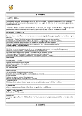 1° BIMESTRE
OBJETIVO GERAL
- Observar e identificar algumas características do corpo humano e alguns comportamentos nas diferentes
fases da vida, no homem e na mulher, aproximando-se à noção de ciclo vital do ser humano e respeitando as
diferenças individuais;
- Valorizar atitudes e comportamentos favoráveis à saúde, em relação a alimentação e a higiene pessoal,
desenvolvendo a responsabilidade no cuidado com o próprio corpo e com os espaços que habita.
OBJETIVOS ESPECÍFICOS
Levar o aluno a identificar e nomear partes externas do corpo (cabeça, pescoço, tronco, membros, órgãos,
genitais);
Possibilitar o aluno a identificar, praticar hábitos e atitudes para manutenção da saúde;
Induzir o aluno reconhecer a importância da higiene e a organização do ambiente escolar;
Conduzir a observar, registrar hábitos de limpeza no ambiente e higiene pessoal;
Ensinar a relacionar atitudes que promovem a saúde, o bem estar individual e coletivo.
COMPETÊNCIAS E HABILIDADES
Identificar e nomear partes externas do corpo (cabeça, pescoço, tronco, membros, órgãos, genitais);
Identificar e praticar hábitos e atitudes para manutenção da saúde;
Reconhecer a importância da higiene e a organização do ambiente escolar;
Observar, registrar hábitos de limpeza no ambiente e higiene pessoal;
Relacionar atitudes que promovem a saúde, o bem estar individual e coletivo.
CONTEÚDO
O ser humano e a saúde
Higiene Ambiental, mental e corporal
Alimentos, exercício e vida saudável
O corpo humano
METODOLOGIA
Quebra-cabeça
Cartazes de identificação do corpo humano
Recortar, colar e identificar partes externas do corpo humano
Caça- palavras
Relacionar colunas sobre a higiene pessoal
Músicas identificando as partes do corpo humano
Trilha da higiene
Histórias relacionadas a atitudes que promovem a saúde, o bem estar individual e coletivo
AVALIAÇÃO
Através da pauta de avaliação, utilizando as competências e habilidades.
TEMAS TRANSVERSAIS
Referente ao PPP da escola.
RECURSOS
Cartolina, papel sulfite, livro didático, livros infantis, revista, tesoura, lápis de cor, canetinha, e.v.a, cola, entre
outros.
2° BIMESTRE
 