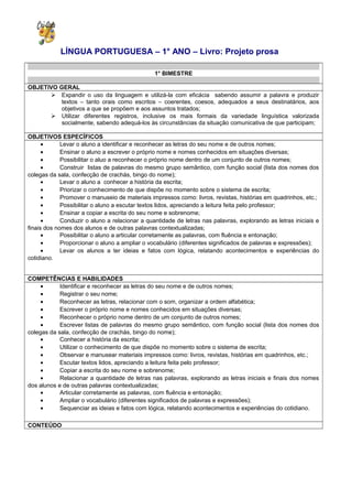 LÍNGUA PORTUGUESA – 1° ANO – Livro: Projeto prosa
1° BIMESTRE
OBJETIVO GERAL
 Expandir o uso da linguagem e utilizá-la com eficácia sabendo assumir a palavra e produzir
textos – tanto orais como escritos – coerentes, coesos, adequados a seus destinatários, aos
objetivos a que se propõem e aos assuntos tratados;
 Utilizar diferentes registros, inclusive os mais formais da variedade linguística valorizada
socialmente, sabendo adequá-los às circunstâncias da situação comunicativa de que participam;
OBJETIVOS ESPECÍFICOS
• Levar o aluno a identificar e reconhecer as letras do seu nome e de outros nomes;
• Ensinar o aluno a escrever o próprio nome e nomes conhecidos em situações diversas;
• Possibilitar o aluo a reconhecer o próprio nome dentro de um conjunto de outros nomes;
• Construir listas de palavras do mesmo grupo semântico, com função social (lista dos nomes dos
colegas da sala, confecção de crachás, bingo do nome);
• Levar o aluno a conhecer a história da escrita;
• Priorizar o conhecimento de que dispõe no momento sobre o sistema de escrita;
• Promover o manuseio de materiais impressos como: livros, revistas, histórias em quadrinhos, etc.;
• Possibilitar o aluno a escutar textos lidos, apreciando a leitura feita pelo professor;
• Ensinar a copiar a escrita do seu nome e sobrenome;
• Conduzir o aluno a relacionar a quantidade de letras nas palavras, explorando as letras iniciais e
finais dos nomes dos alunos e de outras palavras contextualizadas;
• Possibilitar o aluno a articular corretamente as palavras, com fluência e entonação;
• Proporcionar o aluno a ampliar o vocabulário (diferentes significados de palavras e expressões);
• Levar os alunos a ter ideias e fatos com lógica, relatando acontecimentos e experiências do
cotidiano.
COMPETÊNCIAS E HABILIDADES
• Identificar e reconhecer as letras do seu nome e de outros nomes;
• Registrar o seu nome;
• Reconhecer as letras, relacionar com o som, organizar a ordem alfabética;
• Escrever o próprio nome e nomes conhecidos em situações diversas;
• Reconhecer o próprio nome dentro de um conjunto de outros nomes;
• Escrever listas de palavras do mesmo grupo semântico, com função social (lista dos nomes dos
colegas da sala, confecção de crachás, bingo do nome);
• Conhecer a história da escrita;
• Utilizar o conhecimento de que dispõe no momento sobre o sistema de escrita;
• Observar e manusear materiais impressos como: livros, revistas, histórias em quadrinhos, etc.;
• Escutar textos lidos, apreciando a leitura feita pelo professor;
• Copiar a escrita do seu nome e sobrenome;
• Relacionar a quantidade de letras nas palavras, explorando as letras iniciais e finais dos nomes
dos alunos e de outras palavras contextualizadas;
• Articular corretamente as palavras, com fluência e entonação;
• Ampliar o vocabulário (diferentes significados de palavras e expressões);
• Sequenciar as ideias e fatos com lógica, relatando acontecimentos e experiências do cotidiano.
CONTEÚDO
 