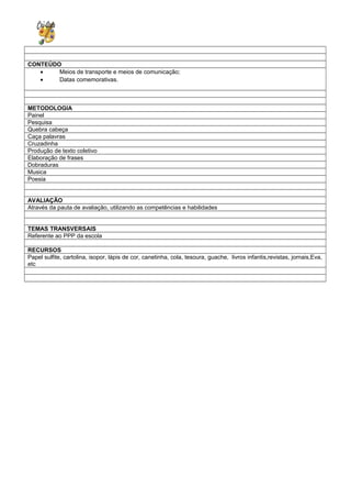 CONTEÚDO
• Meios de transporte e meios de comunicação;
• Datas comemorativas.
METODOLOGIA
Painel
Pesquisa
Quebra cabeça
Caça palavras
Cruzadinha
Produção de texto coletivo
Elaboração de frases
Dobraduras
Musica
Poesia
AVALIAÇÃO
Através da pauta de avaliação, utilizando as competências e habilidades
TEMAS TRANSVERSAIS
Referente ao PPP da escola
RECURSOS
Papel sulfite, cartolina, isopor, lápis de cor, canetinha, cola, tesoura, guache, livros infantis,revistas, jornais,Eva,
etc
 