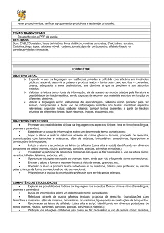 rever procedimentos, verificar agrupamentos produtivos e replanejar o trabalho.
TEMAS TRANSVERSAIS
De acordo com o PPP da escola
RECURSOS
Som, DVD,CD,revistas, livros de história, livros didáticos,matérias concretos, EVA, folhas, sucatas,
Cartolina,bingo, jogos, alfabeto móvel , caderno,jornais,lápis de cor,borracha, alfabeto fixado na
parede,atividades xerocadas.
3° BIMESTRE
OBJETIVO GERAL
 Expandir o uso da linguagem em instâncias privadas e utilizá-la com eficácia em instâncias
públicas, sabendo assumir a palavra e produzir textos – tanto orais como escritos – coerentes,
coesos, adequados a seus destinatários, aos objetivos a que se propõem e aos assuntos
tratados;
 Valorizar a leitura como fonte de informação, via de acesso ao mundo criados pela literatura e
possibilidade de fruição estética, sendo capazes de recorrer aos materiais escritos em função de
diferentes objetivos;
 Utilizar a linguagem como instrumento de aprendizagem, sabendo como proceder para ter
acesso, compreender e fazer uso de informações contidas nos textos: identificar aspectos
relevantes; organizar notas; elaborar roteiros; compor textos coerentes a partir de trechos
oriundos de diferentes fontes; fazer resumos, índices, esquemas, etc;
OBJETIVOS ESPECÍFICOS
• Promover as possibilidades lúdicas da linguagem nos aspectos fônicos: rima e ritmo (trava-língua,
poemas e parlendas);
• Estabelecer a busca de informações sobre um determinado tema: curiosidades;
• Levar o aluno a realizar releituras através de outros gêneros textuais, proposta de reescrita,
dramatizações com fantoches e máscaras, além de músicas, brincadeiras, cruzadinhas, ligue-pontos e
construções de brinquedos;
• Induzir o aluno a reconhecer as letras do alfabeto (caixa alta e script) identificando em diversos
portadores de textos (nomes, rótulos, parlendas, canções, poesias, adivinhas e histórias);
• Possibilitar a participar de situações cotidianas nas quais se faz necessário o uso da leitura como:
recados, bilhetes, letreiros, anúncios, etc.;
• Oportunizar situações nas quais as crianças leiam, ainda que não o façam de forma convencional;
• Ensinar o aluno a formar e escrever frases à vista de cenas, gravuras, etc.;
• Conduzir o aluno a produzir textos individuais e/ ou coletivos, ditados pelo professor, ou escrito
pelas crianças de forma convencional ou não convencional;
• Proporcionar a prática da escrita pelo professor para ser lida pelas crianças.
COMPETÊNCIAS E HABILIDADES
• Explorar as possibilidades lúdicas da linguagem nos aspectos fônicos: rima e ritmo (trava-língua,
poemas e parlendas);
• Busca de informações sobre um determinado tema: curiosidades;
• Releituras através de outros gêneros textuais, proposta de reescrita, dramatizações com
fantoches e máscaras, além de músicas, brincadeiras, cruzadinhas, ligue-pontos e construções de brinquedos;
• Reconhecer as letras do alfabeto (caixa alta e script) identificando em diversos portadores de
textos (nomes, rótulos, parlendas, canções, poesias, adivinhas e histórias);
• Participar de situações cotidianas nas quais se faz necessário o uso da leitura como: recados,
 