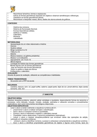 • Reconhecer tamanhos, formas e espessuras;
• Indicar as formas geométricas espaciais em objetos e observar semelhanças e diferenças;
• Classificar as formas geométricas planas;
• Reconhecer e interpretar massa, altura, idades dos alunos através de gráficos.
CONTEÚDO
• História dos números;
• Sistema de Numeração Decimal;
• Formas Geométricas sólidas;
• Gráficos e Tabelas;
• Calendário;
• Números
Lateralidade
METODOLOGIA
Apresentação de um vídeo relacionado a história
Dominó
Quebra cabeça
Bingo numérico 0 a 10
Trilha 0 a 10
Boliche
Música mariana ( cd galinha pintadinha)
Música 1,2,3 indiozinho
Agrupamento em 10 em 10
Blocos lógicos
Contação de história das formas geométricas
Montar figuras com as formas geométricas
Jogo da memória das formas geométricas
Expor no gráfico a idade dos alunos
Confeccionar o calendário
AVALIAÇÃO
Através de pauta de avaliação, utilizando as competências e habilidades.
TEMAS TRANSVERSAIS
De acordo com o PPP da escola
RECURSOS
Cartolina, tesoura, som, cd, papel sulfite, caderno, papel pardo, lápis de cor, pincel atômico, lápis caneta
borracha, cola, dvd
2° BIMESTRE
OBJETIVO GERAL
Resolver situações-problema, sabendo validar estratégia e resultados, desenvolvendo formas de raciocínio e
processos, como dedução, indução, intuição, analogia, estimativa e utilizando conceitos e procedimentos
matemáticos, bem como instrumentos tecnológicos disponíveis;
OBJETIVOS ESPECÍFICOS
Levar o aluno a recitar oralmente a sequência numérica até 31;
• proporcionar o aluno a realizar seriação e classificação;
• levar o aluno a Comparar número e quantidade;
• Ensinar o aluno a Interpretar e registrar o calendário mensal;
• Possibilitar o aluno desenvolver o raciocínio probabilístico (estimativas);
• Induzir o aluno a resolver situações-problema que envolvam ideias das operações de adição,
subtração em situações cotidianas;
• conduzir o aluno a identificar números, sucessor e antecessor compreendendo a sequência numérica;
• levar o aluno a identificar propriedades geométricas de objetos e figuras como formas, tipos de
 