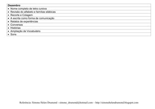 Dezembro
  Nome completo de letra cursiva
  Revisão do alfabeto e famílias silábicas
  Recorte e Colagem
  A escrita como forma de comunicação
  Relatos de experiências
  Conversas
  Histórias
  Ampliação de Vocabulário
  Sons




          Referência: Simone Helen Drumond - simone_drumond@hotmail.com – http://simonehelendrumond.blogspot.com
 