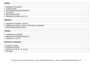 Agosto

 Relações de dimensão
 Curto/comprido
 Grande/pequeno/mesmo tamanho
 Grosso/fino
 Mais alto/mais baixo
 Revisão dos números de 0 a 12.

Setembro

 Seqüência e seriação - números
 Relações de massa e volume: cheio/vazio e leve/pesado
 Ontem/hoje/amanhã (revisar)

Outubro

 Relações de quantidade
 Mais/menos/ muito/pouco/nenhum
 Números 13, 14 e 15.

Novembro e Dezembro

 Noções de adição
 Noções de conjunto
 Números 15, 16, 17, 18, 19 e 20
 Par/ímpar




          Referência: Simone Helen Drumond - simone_drumond@hotmail.com – http://simonehelendrumond.blogspot.com
 