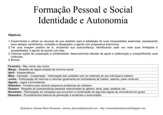 Formação Pessoal e Social
                    Identidade e Autonomia
Objetivos:

1. Experimentar e utilizar os recursos de que dispõem para a satisfação de suas necessidades essenciais, expressando
   seus desejos, sentimentos, vontades e desagrados, e agindo com progressiva autonomia;
2. Ter uma imagem positiva de si, ampliando sua autoconfiança, identificando cada vez mais suas limitações e
   possibilidades, e agindo de acordo com elas;
3. Valorizar ações de cooperação e solidariedade, desenvolvendo atitudes de ajuda e colaboração e compartilhando suas
   vivências;
4. Brincar.

Fevereiro - Meu nome, seu nome
Março - Respeito às regras simples de convívio social
Abril - Independência
Maio - Interação - Cooperação - Valorização dos cuidados com os materiais de uso individual e coletivo.
Junho - Participação de meninos e meninas igualmente em brincadeiras de futebol, casinha, pular corda etc.
Agosto - Jogos e brincadeiras
Setembro - Iniciativa para resolver pequenos problemas do cotidiano.
Outubro - Respeito às características pessoais relacionadas ao gênero, etnia, peso, estatura, etc.
Novembro - Participação em situações que envolvam a combinação de algumas regras de convivência em grupo.
Dezembro - Procedimentos básicos de prevenção a acidentes e autocuidado.



         Referência: Simone Helen Drumond - simone_drumond@hotmail.com – http://simonehelendrumond.blogspot.com
 