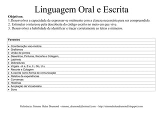 Linguagem Oral e Escrita
Objetivos:
1. Desenvolver a capacidade de expressar-se oralmente com a clareza necessária para ser compreendido.
2. Estimular o interesse pela descoberta do código escrito no meio em que vive.
3. Desenvolver a habilidade de identificar e traçar corretamente as letras e números.


Fevereiro

  Coordenação viso-motora
  Grafismos
  União de pontos
  Desenhos, Pinturas, Recorte e Colagem,
  Labirinto
  Dobraduras
  Vogais - A a, E e, I i, Oo, U u
  Recorte e Colagem
  A escrita como forma de comunicação
  Relatos de experiências
  Conversas
  Histórias
  Ampliação de Vocabulário
  Sons




            Referência: Simone Helen Drumond - simone_drumond@hotmail.com – http://simonehelendrumond.blogspot.com
 