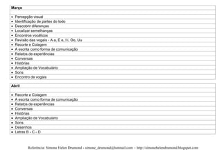 Março

  Percepção visual
  Identificação de partes do todo
  Descobrir diferenças
  Localizar semelhanças
  Encontros vocálicos
  Revisão das vogais - A a, E e, I i, Oo, Uu
  Recorte e Colagem
  A escrita como forma de comunicação
  Relatos de experiências
  Conversas
  Histórias
  Ampliação de Vocabulário
  Sons
  Encontro de vogais

Abril

  Recorte e Colagem
  A escrita como forma de comunicação
  Relatos de experiências
  Conversas
  Histórias
  Ampliação de Vocabulário
  Sons
  Desenhos
  Letras B - C - D



          Referência: Simone Helen Drumond - simone_drumond@hotmail.com – http://simonehelendrumond.blogspot.com
 