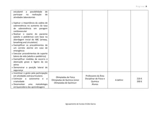 P á g i n a | 8
Agrupamento de Escolas Emídio Garcia
estudantil a possibilidade de
participar na realização de
atividades laboratoriais
 Explicar a importância da cadeia de
sobrevivência no aumento da taxa
de sobrevivência em paragem
cardiovascular
 Realizar o exame do paciente
(adulto e pediátrico) com base na
abordagem inicial do ABC (airway,
breathing and circulation)
 Exemplificar os procedimentos de
um correto alarme em caso de
emergência
 Executar procedimentos de suporte
básico de vida (adulto e pediátrico)
 Exemplificar medidas de socorro à
obstrução grave e ligeira da via
aérea
 Demonstrar a posição lateral de
segurança
 Incentivar o gosto pela participação
em atividades extracurriculares
 Estimular a autonomia e a
criatividade
 Desenvolver uma metodologia
enriquecedora das aprendizagens
Olimpíadas de Física
Olimpíadas de Química Júnior
Olimpíadas de Química+
Professores da Área
Disciplinar de Física e
Química
Alunos
A definir
220 €
200 €
 