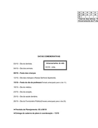 14 18 19 20 21
                                                                        24 25 26 27 28
                                                                        31
                                                                        Total de dias letivos: 18
                                                                        Encerramento da 2ª eta




                                 DATAS COMEMORATIVAS



03/10 – Dia do dentista.                  Aniversariantes do mês

                                         02/10 – Lêda
04/10 – Dia dos animais.
                                         29/10 – Anchieta
08/10 – Festa das crianças

12/10 – Dia das crianças e Nossa Senhora Aparecida.

15/10 – Festa do dia do professor(Feriado antecipado para o dia 11).

18/10 – Dia do médico.

23/10 – Dia da aviação.

25/10 – Dia da saúde dentária.

26/10 – Dia do Funcionário Público(Feriado antecipado para o dia 25).



►Previsão de Planejamento: 05 à 08/10

►Entrega do caderno de plano à coordenação – 13/10
 