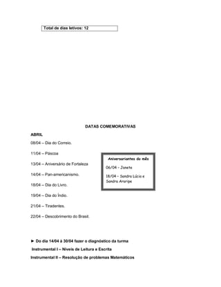 Total de dias letivos: 12




                               DATAS COMEMORATIVAS

ABRIL

08/04 – Dia do Correio.

11/04 – Páscoa
                                         Aniversariantes do mês
13/04 – Aniversário de Fortaleza
                                        06/04 – Janete
14/04 – Pan-americanismo.               18/04 – Sandra Lúcia e
                                        Sandra Araripe
18/04 – Dia do Livro.
                                        21/04 – Aucília
19/04 – Dia do Índio.
                                        28/04 – Lúcia Chagas

21/04 – Tiradentes.

22/04 – Descobrimento do Brasil.




► Do dia 14/04 à 30/04 fazer o diagnóstico da turma

Instrumental I – Níveis de Leitura e Escrita

Instrumental II – Resolução de problemas Matemáticos
 