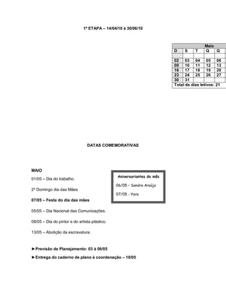 1ª ETAPA – 14/04/10 à 30/06/10



                                                                                        Maio
                                                                        D    S     T    Q    Q

                                                                        02 03 04 05 06
                                                                        09 10 11 12 13
                                                                        16 17 18 19 20
                                                                        23 24 25 26 27
                                                                        30 31
                                                                        Total de dias letivos: 21




                                DATAS COMEMORATIVAS




MAIO
                                               Aniversariantes do mês
01/05 – Dia do trabalho.
                                               06/05 – Sandra Araújo
2º Domingo dia das Mães
                                               07/05 - Yara
07/05 – Festa do dia das mães
                                               18/05 – Lúcia Helena

05/05 – Dia Nacional das Comunicações.         10/05 – Paulo Roberto

08/05 – Dia do pintor e do artista plástico.

13/05 – Abolição da escravatura.



►Previsão de Planejamento: 03 à 06/05

►Entrega do caderno de plano à coordenação – 10/05
 
