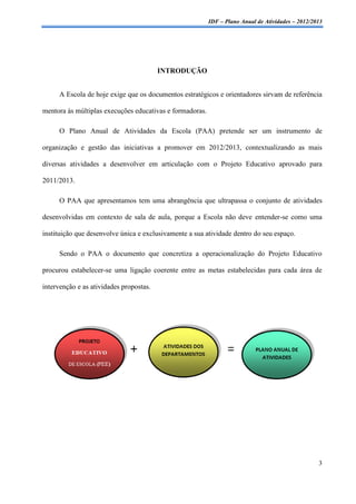 IDF – Plano Anual de Atividades – 2012/2013




                                         INTRODUÇÃO


     A Escola de hoje exige que os documentos estratégicos e orientadores sirvam de referência

mentora às múltiplas execuções educativas e formadoras.

     O Plano Anual de Atividades da Escola (PAA) pretende ser um instrumento de

organização e gestão das iniciativas a promover em 2012/2013, contextualizando as mais

diversas atividades a desenvolver em articulação com o Projeto Educativo aprovado para

2011/2013.

     O PAA que apresentamos tem uma abrangência que ultrapassa o conjunto de atividades

desenvolvidas em contexto de sala de aula, porque a Escola não deve entender-se como uma

instituição que desenvolve única e exclusivamente a sua atividade dentro do seu espaço.

     Sendo o PAA o documento que concretiza a operacionalização do Projeto Educativo

procurou estabelecer-se uma ligação coerente entre as metas estabelecidas para cada área de

intervenção e as atividades propostas.




                                                                                                   3
 