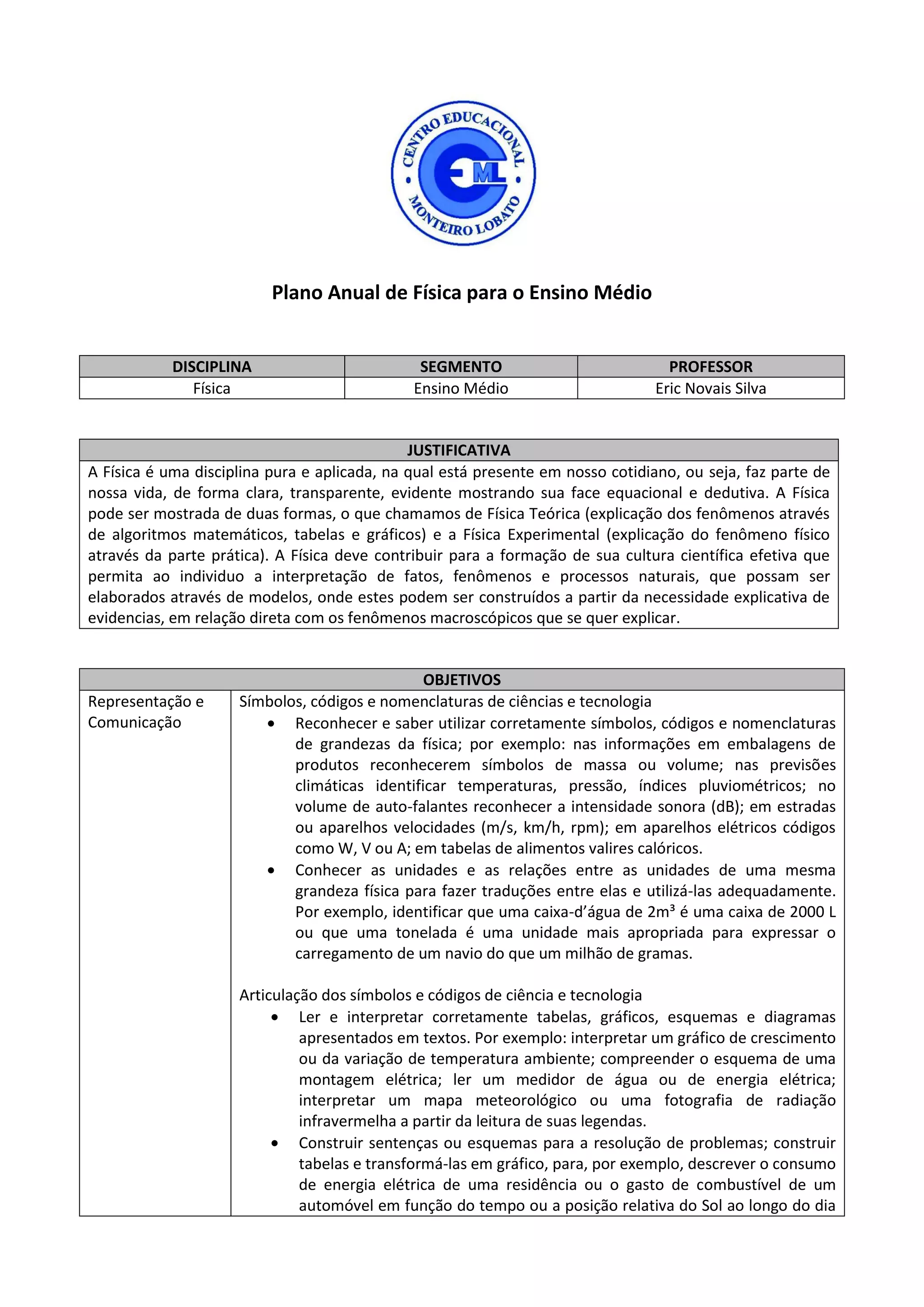 Plano anual de física para o ensino médio | PDF