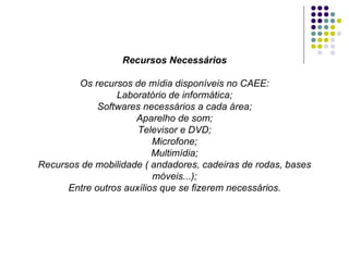 Recursos Necessários Os recursos de mídia disponíveis no CAEE: Laboratório de informática; Softwares necessários a cada área; Aparelho de som; Televisor e DVD; Microfone; Multimídia; Recursos de mobilidade ( andadores, cadeiras de rodas, bases móveis...); Entre outros auxílios que se fizerem necessários. 
