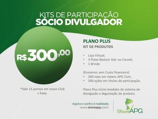 PLANO PLUS
KIT DE PRODUTOS
• Loja Virtual;
• 3 Potes Restore Hair ou CarvoX;
• 1 Brinde
(Enviamos sem Custo financeiro)
• 300 reais em tokens APG Coin;
• 300 ações em títulos de participação.
Plano Plus início imediato do sistema de
divulgação e degustação do produto.
*Vale 15 pontos em nosso Club
+ frete.
 