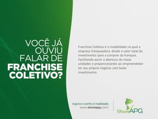 Franchise Coletiva é a modalidade na qual a
empresa franqueadora divide o valor total do
investimento para a comprar da franquia.
Facilitando assim a abertura de novas
unidades e proporcionando ao empreendedor
ter seu próprio negócio com baixo
investimento.
 
