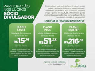 Dividimos com vocêparte do lucro de nossas vendas
globais e atividades financeiras no mercado de e-
commercecripto moedas, lojas e franquias, podendo
chegar a ganhos de: 0, 2, 5, 10, 100 x mais do que os
rendimentos encontrados hoje nomercadoao mês de
acordo como seu Kit de participação!
EXEMPLOS DE POSSÍVEIS RENDIMENTOS
PLANO
PLUS
Necessário estar qualificado.
efetuando 7 compartilhamentos de
nossos produtos em suas redes
sociais semanalmente.
Sem Teto máximo
Média de Rendimentos
mensais de até
PLANO
MASTER
Necessário estarqualificado.
efetuando 7 compartilhamentos de
nossos produtos em suas redes
sociais semanalmente.
Sem Teto máximo
Média de Rendimentos
mensais de até
PLANO
START
Necessário estar qualificado.
efetuando 7 compartilhamentos de
nossos produtos em suas redes
sociais semanalmente.
Sem Teto máximo
Média de Rendimentos
mensais de até
 