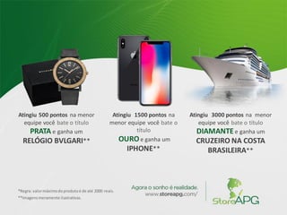 *Regra: valormáximodoprodutoé de até 2000 reais.
**Imagensmeramente ilustrativas.
Atingiu 500 pontos na menor
equipe você bate o título
PRATA e ganha um
RELÓGIO BVLGARI**
Atingiu 1500 pontos na
menor equipe você bate o
título
OUROe ganha um
IPHONE**
Atingiu 3000 pontos na menor
equipe você bate o título
DIAMANTEe ganha um
CRUZEIRO NA COSTA
BRASILEIRA**
 