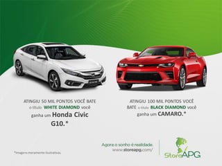 ATINGIU 50 MIL PONTOS VOCÊ BATE
o título WHITE DIAMOND você
ganha um Honda Civic
G10.*
ATINGIU 100 MIL PONTOS VOCÊ
BATE o título BLACK DIAMOND você
ganha um CAMARO.*
*Imagensmeramente ilustrativas.
 