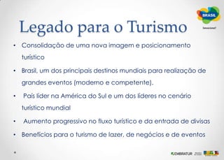 Jogos Olímpicos  - Rio 2016META: Estimular os turistas a conhecer toda a diversidade do Rio de Janeiro e de outros destinos brasileiros.Estimativa de visitantes estrangeiros durante os Jogos Olímpicos no Rio de Janeiro: 380 MIL.Fonte: Ministério dos Esportes/FIA - Fundação Instituto de Administração.