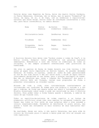 130
Fala-se deles como Regentes da Terra, Anjos dos Quatro Pontos Cardeais,
ou Chatur Maharajas. Governam, não os devas, mas os quatro "elementos" da
terra, da água, do ar, e do fogo, com as essências e espíritos-da-
natureza que neles moram. Outros itens de informação concernentes a eles
vão, para maior conveniência, na tabela abaixo:
Nome Pontos da
bússola
Hostes
elementais
Cotes
simbólicas
Dhritarashtra Leste Gandharvas Branco
Virudhaka Sul Kumbhandas Azul
Vírupaksha
Vaishiavana
Oeste
Norte
Nagas
Yakshas
Vermelho
Ouro
A Doutrina Secreta fala deles como "globos alados e rodas de fogo", e na
Bíblia cristã, Ezequiel tenta descrevê-los com palavras bastante
semelhantes. Referências a eles são feitas na simbologia de todas as
religiões, e são sempre altamente reverenciados como protetores da
humanidade.
São eles os agentes do Karma do homem durante sua vida terrena c têm
assim um papel muito importante no destino humano. As grandes deidades
kármicas do Cosmos, os Lipikas, pesam as ações de cada .personalidade
ao fim de sua vida astral e dão por assim dizer o molde um duplo etérico
inteiramente apropriado ao seu karma, para o próximo nascimento do homem.
Mas são os Devarajas que, tendo o comando dos "elementos" dos quais o
duplo etérico deve ser formado, tanjam suas proporções de forma a
preencher inteiramente as intendes Lipika.
Através de toda a vida, eles contrabalançam constantemente as
introduzidas nas condições do homem pela sua própria e vontade e a dos
que o rodeiam, de forma que aquele karma ser exata e justamente esgotado.
Erudita dissertação sobre esses e pode ser encontrada na obra A Doutrina
Secreta. Eles podem tomar a forma humana quando o desejem, e sabe-se de
casos em que fizerem isso.
Todos os espíritos-da-natureza de ordem superior e as hostes de
elementais artificiais atuam como seus agentes no estupendo trabalho que
fazem: mas todos os fios estão em suas próprias mãos e eles assumem a
inteira responsabilidade. Raramente se manifestam no plano astral, mas
quando o fazem são certamente os mais notáveis de seus habitantes não-
humanos.
Na realidade, devem ser sete, e não quatro Devarajas, mas para além do
círculo da Iniciação pouco é sabido e menos pode ser dito em relação aos
três superiores.
pG9@gmx.net
cadppus@yahoo.com
 