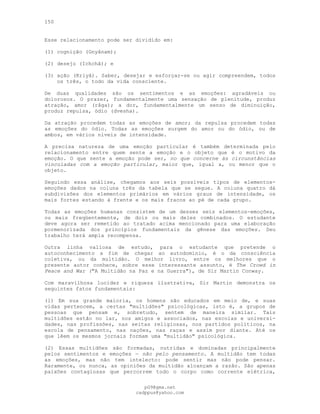 150
Esse relacionamento pode ser dividido em:
(1) cognição (Gnyânam);
(2) desejo (Ichchâ); e
(3) ação (Kriyâ). Saber, desejar e esforçar-se ou agir compreendem, todos
os três, o todo da vida consciente.
De duas qualidades são os sentimentos e as emoções: agradáveis ou
dolorosos. O prazer, fundamentalmente uma sensação de plenitude, produz
atração, amor (râga); a dor, fundamentalmente um senso de diminuição,
produz repulsa, ódio (dvesha).
Da atração procedem todas as emoções de amor; da repulsa procedem todas
as emoções do ódio. Todas as emoções surgem do amor ou do ódio, ou de
ambos, em vários níveis de intensidade.
A precisa natureza de uma emoção particular é também determinada pelo
relacionamento entre quem sente a emoção e o objeto que é o motivo da
emoção. O que sente a emoção pode ser, no que concerne às circunstâncias
vinculadas com a emoção particular, maior que, igual a, ou menor que o
objeto.
Seguindo essa análise, chegamos aos seis possíveis tipos de elementos-
emoções dados na coluna três da tabela que se segue. A coluna quatro dá
subdivisões dos elementos primários em vários graus de intensidade, os
mais fortes estando à frente e os mais fracos ao pé de cada grupo.
Todas as emoções humanas consistem de um desses seis elementos-emoções,
ou mais freqüentemente, de dois ou mais deles combinados. O estudante
deve agora ser remetido ao tratado acima mencionado para uma elaboração
pormenorizada dos princípios fundamentais da gênese das emoções. Seu
trabalho terá ampla recompensa.
Outra linha valiosa de estudo, para o estudante que pretende o
autoconhecimento a fim de chegar ao autodomínio, é o da consciência
coletiva, ou da multidão. O melhor livro, entre os melhores que o
presente autor conhece, sobre esse interessante assunto, é The Crowd in
Peace and War ("A Multidão na Paz e na Guerra"), de Sir Martin Conway.
Com maravilhosa lucidez e riqueza ilustrativa, Sir Martin demonstra os
seguintes fatos fundamentais:
(l) Em sua grande maioria, os homens são educados em meio de, e suas
vidas pertencem, a certas "multidões" psicológicas, isto é, a grupos de
pessoas que pensam e, sobretudo, sentem de maneira similar. Tais
multidões estão no lar, nos amigos e associados, nas escolas e universi-
dades, nas profissões, nas seitas religiosas, nos partidos políticos, na
escola de pensamento, nas nações, nas raças e assim por diante. Até os
que lêem os mesmos jornais formam uma "multidão" psicológica.
(2) Essas multidões são formadas, nutridas e dominadas principalmente
pelos sentimentos e emoções — não pelo pensamento. A multidão tem todas
as emoções, mas não tem intelecto: pode sentir mas não pode pensar.
Raramente, ou nunca, as opiniões da multidão alcançam a razão. São apenas
paixões contagiosas que percorrem todo o corpo como corrente elétrica,
pG9@gmx.net
cadppus@yahoo.com
 