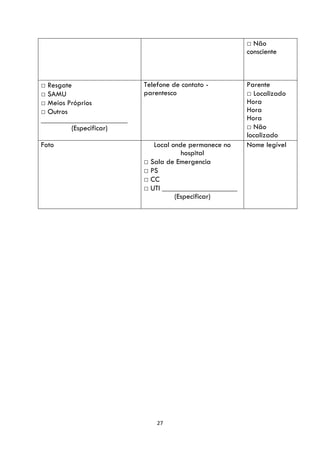 27
□ Não
consciente
□ Resgate
□ SAMU
□ Meios Próprios
□ Outros
_______________________
(Especificar)
Telefone de contato -
parentesco
Parente
□ Localizado
Hora
Hora
Hora
□ Não
localizado
Foto Local onde permanece no
hospital
□ Sala de Emergencia
□ PS
□ CC
□ UTI ____________________
(Especificar)
Nome legível
 
