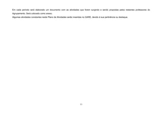 11
AVALIAÇÃO OBJETIVOS
DINAMI-
ZADORs
DESTINA-
TÁRIOS
CALEN-
DARIZ.
RECURSOS
MATERIAIS
VERBA
. Caixa de Sugestões. . Auscultar a opinião dos utilizadores relativamente aos serviços,
sugestões de documentos a adquirir, de forma a proporcionar uma
biblioteca de qualidade.
Coord. e
funcª.
Comunidade
escolar.
Ao longo
do ano.
Peq. caixa de
papelão, fichas.
-----
. Aplicação dos Inquéritos de Avaliação da
Biblioteca aos utilizadores, sobre o serviço,
funcionamento da BE/CRE, atividades
desenvolvidas e tratamento destes dados.
. Auscultar a opinião dos utilizadores relativamente aos serviços, de
forma a proporcionar uma biblioteca de qualidade.
. Proceder a uma leitura destes dados.
Coord. BE Comunidade
escolar.
Maio Fotocópias. -----
. Auscultação oral dos utentes.
. Auscultar a opinião dos utilizadores relativamente aos serviços, de
forma a proporcionar uma biblioteca de qualidade.
. Proceder a uma leitura destes dados.
Coord.,
equipa BE… Comunidade
escolar.
Ao longo
do ano.
------ -----
. Preenchimento de grelhas várias,
nomeadamente as de avaliação dos serviços,
funcionamento e recursos existentes na B.E.
. Dar resposta a solicitações externas, nomeadamente da Rede de
Bibliotecas Escolares e da DREC.
. Avaliar o nível de frequência, utilização, qualidade do serviço e
funcionamento da BE, passando pelos recursos materiais e humanos;
Pontos fortes e fracos.
Coord. BE,
Ass. Op..e
outros.
RBE/ ME/
DREC /
Escola.
Ao longo
do ano.
Fotocópias. -----
. Preenchimento de inquéritos e grelhas várias
de avaliação, em vários domínios, a preencher
pela professora coordenadora on-line (RBE).
. Ser avaliado o nível de qualidade do serviço e funcionamento da BE,
passando pelos recursos materiais e humanos.
Coord. BE. e
funcionária.
RBE e
Agrupamento
Ao longo
do ano.
Comp.
--------
. Elaboração de relatórios de atividades.
. Elaboração do Relatório final de Avaliação
da Biblioteca (aplicação do Modelo da
Biblioteca Escolar - 2014).
. Dar a conhecer o trabalho desenvolvido, destacando os pontos fortes
e fracos da BE, visando a melhoria dos serviços e do trabalho
cooperativo.
Coord. BE.
RBE,
Conselho
Pedagógico/
Direcção/
Agrupam.
Final de
ano letivo. Comp. -----
TOTAL
1450 €.
A Coordenadora da BE:
___________________________________
(Teresa Maria Trindade Magéssi)
 