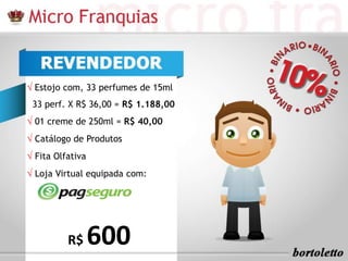 √ Estojo com, 33 perfumes de 15ml 
33 perf. X R$ 36,00 = R$ 1.188,00 
√ 01 creme de 250ml = R$ 40,00 
√ Catálogo de Produtos 
√ Fita Olfativa 
√ Loja Virtual equipada com: 
R$ 600 
 