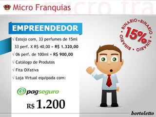 R$ 1.200
√ Estojo com, 33 perfumes de 15ml
33 perf. X R$ 40,00 = R$ 1.320,00
√ 06 perf. de 100ml = R$ 900,00
√ Catálogo de Produtos
√ Fita Olfativa
√ Loja Virtual equipada com:
 