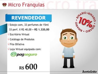 R$ 600
√ Estojo com, 33 perfumes de 15ml
33 perf. X R$ 40,00 = R$ 1.320,00
√ Escritório Virtual
√ Catálogo de Produtos
√ Fita Olfativa
√ Loja Virtual equipada com:
 