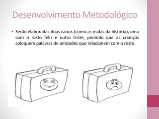 Desenvolvimento Metodológico
• Serão elaboradas duas caixas (como as malas da história), uma
com o rosto feliz e outro triste, pedindo que as crianças
coloquem palavras de amizades que relacionem com o rosto.
 