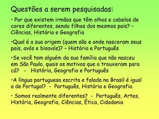 Questões a serem pesquisadas:
• Por que existem irmãos que têm olhos e cabelos de
cores diferentes, sendo filhos dos mesmos pais? –
Ciências, História e Geografia
•Qual é a sua origem (quem são e onde nasceram seus
pais, avós e bisavós)? – História e Português
•Se você tem alguém da sua família que não nasceu
em São Paulo, quais os motivos que o trouxeram para
cá? - História, Geografia e Português
•A língua portuguesa escrita e falada no Brasil é igual
a de Portugal? - Português, História e Geografia
• Somos realmente diferentes? - Português, Artes,
História, Geografia, Ciências, Ética, Cidadania
 