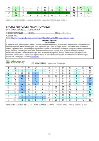 M A U G D O T T C D O O
N R I L D D X A R D F I
O R T C A M I A O M A O
G O N J E W W F W M J C
1.BICICLETA 2.AUTOCARRO 3.COMBOIO 4.CAMIAO 5.BARCO 6.AVIAO 7.CARRO 8.MOTA
ESCOLA EDUCAÇÃO TEMPO INTEGRAL
OFICINA: EDUCAÇÃO TECNOLÓGICA
PROFESSORA.:AILDES TURMA:_________________________DATA____/____/____
PLANO DE AULA
Fonte: http://www.jogosdaescola.com.br/play/index.php/escrita/510-caca-palavras-cores
Leitura e Escrita :
Você Sabia?
A importância do ato de aprender a ler e a escrever está fundamentada na idéia de que o homem se faz livre por meio do
domínio da palavra. O uso da linguagem é tão importante que a linha do tempo divide a história em antes e depois da
escrita. A partir de então, o homem pôde registrar sua cultura, as descobertas, as emoções, sua poesia, enfim, sua maneira
de ver o mundo. Isso não quer dizer que o homem não manifestasse o desejo de se expressar no mundo antes de
desenvolver a escrita. Ele se comunicava por meio do desenho e da pintura, mas foi com a escrita que ampliou sua
habilidade comunicativa e socializou o registro através de um sistema convencional de sinais fechados.Vamos Jogar?
Escolha um e bom jogo! >>Fonte: Educacional
OS ALIMENTOS - Autor:Ana Gonçalves
I K J V Q E H T P H Q M N
Y P E I X E N J E S B P G
M S D U A P P T L L A H V
A N B K R E M G F U T V F
S Q O F R T V Y F A A V O
S E L T O S B E P W T V V
A M A A Z K T T Y G A P O
M F C T E L G H O K B D B
Q K H W B R U T H D S R O
K U A S I V E P S D Q E L
G E L A D O A W H E X M O
O K P I Z A G C A R N E Y
N U S O P A J G U H R V D
1.BOLACHA 2.GELADO 3.BATATA 4.PEIXE 5.MASSA 6.CARNE 7.ARROZ 8.PIZA 9.BOLO 10.SOPA 11.OVO-
_____________________________________________________________________________________
67
 