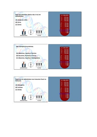 Qual dos alimentos abaixo não é rico em
carboidratos:

(A) Amido de milho
(B) Arroz
(C) Carne




       UNIVERSITÁRIOS              PLATÉIA




 São exemplos de proteínas:




 (A) Albumina, Lignina e Farmina
 (B) Serumina, Rumiona e Cerina
 (C) Albumina, Insulina e Hemoglobina




       UNIVERSITÁRIOS              PLATÉIA




Reservas de carboidratos nos músculos ficam na
forma de:


(A) Glicogênio
(B) Lactose
(C) Amido




       UNIVERSITÁRIOS              PLATÉIA
 